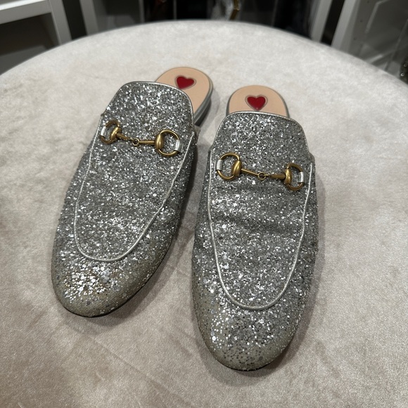 GUCCI Silver glitter loafer slides - Picture 2 of 3